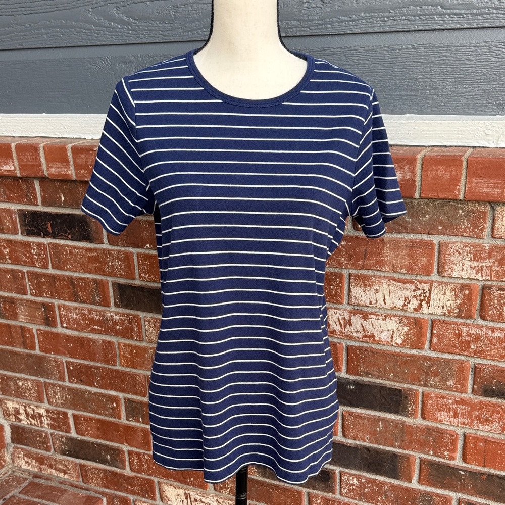 Lands' End Navy & White Striped Crewneck Short Sleeve Tee